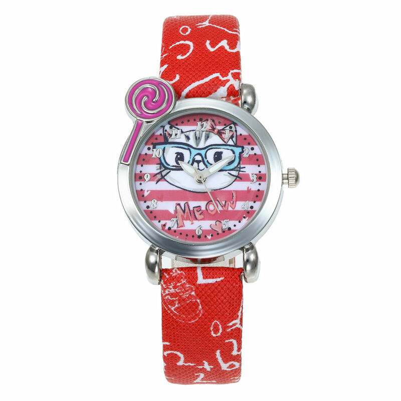 ホットファッションブランド漫画かわいいメガネ猫子供クォーツ時計子供ガールズボーイズ革ブレスレット腕時計腕時計時計