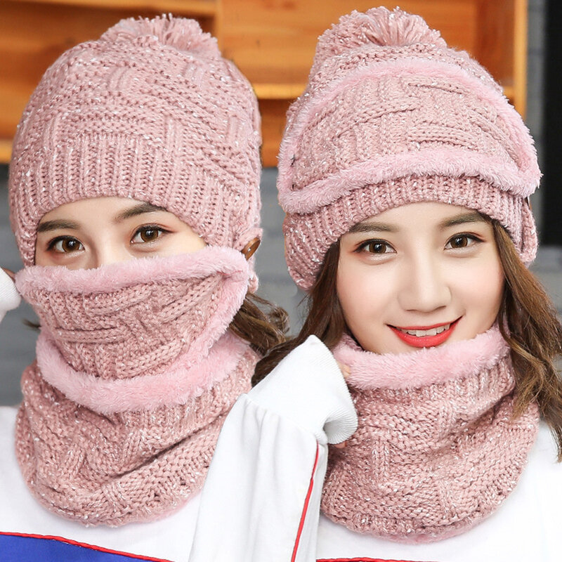 3 peças conjunto de inverno das mulheres mais veludo chapéu conjunto espessamento malha chapéu cachecol rosto capa ao ar livre nyz shop