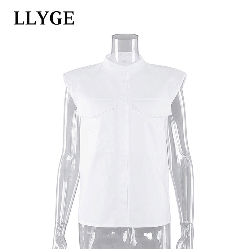 Camiseta sin mangas con cojín de verano para mujer, camisa blanca con cuello levantado, camisas de una sola hilera de botones, Tops sencillos de oficina 2021
