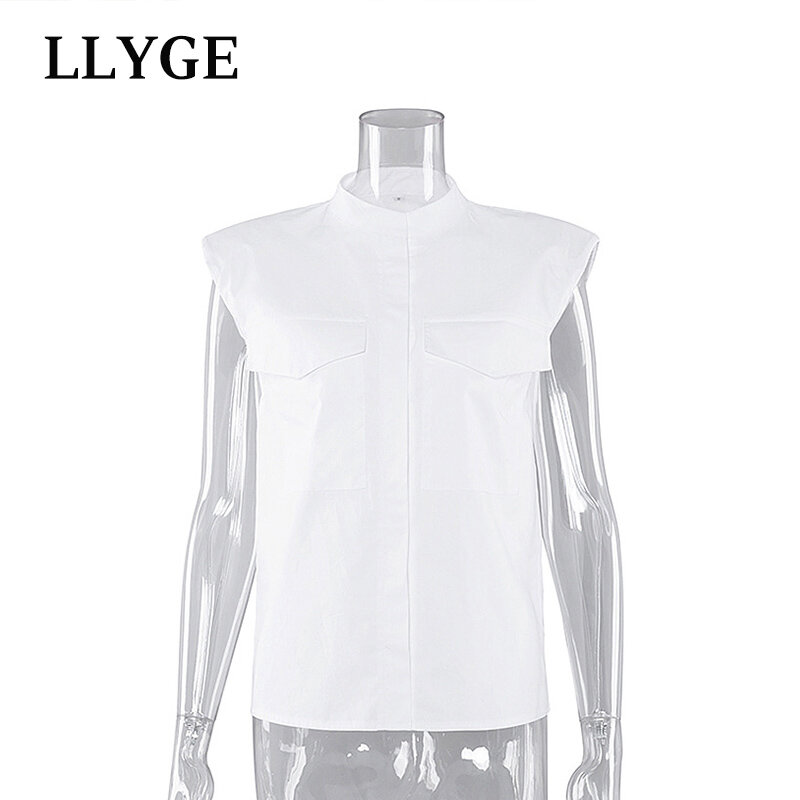 Summer Pad Shoulder Sleeveless Women Shirt White Stand Collar Single Breasted Female Shirts 2021 Trend Simple Office Ladies Tops