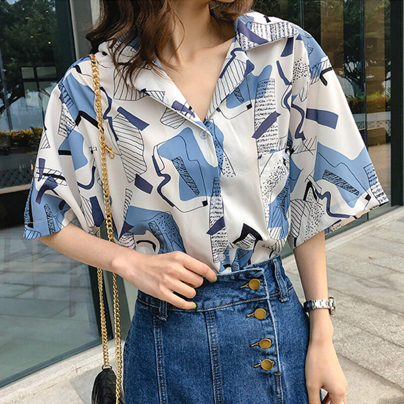 Camisa casual feminina verão harajuku impressão manga curta camisas femininas blusas de chiffon impressão retro