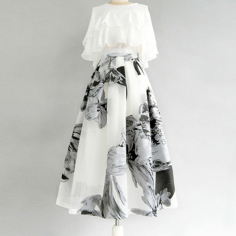 Plus Size Elegant Retro White Ruffled Chiffon Blouse Short Seeve Tops Loose Big Swing Ink Painting Skirts Matching Sets Fashion