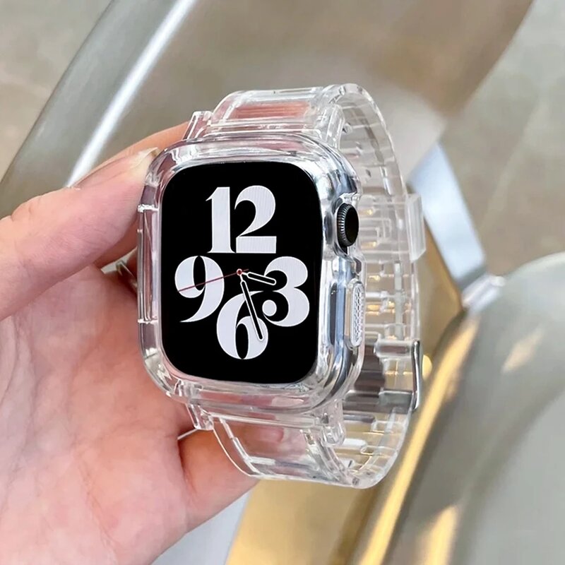 Silicone macio transparente assista band + caso para apple watch band 38mm 40mm 42mm 44mm adaptador série compatível 7 6 se 5 4 3 2 1