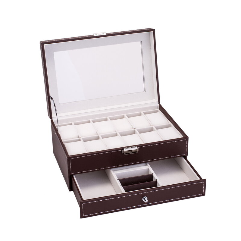 Horloge Travel Case Gift Box Voor Mannen Lederen Ontwerp Slot Luxe Horloge Organizer Case Met Verwijderbare Kussen En Grote Glazen top