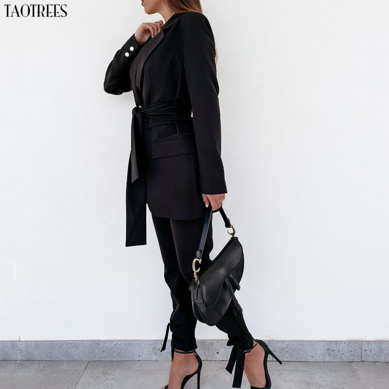 Taotrees Women office Pant Suit Full Sleeve Wear a belt Blazers Jacket+ Long Pant Two Pieces Set Lady Outfits Work Clothes