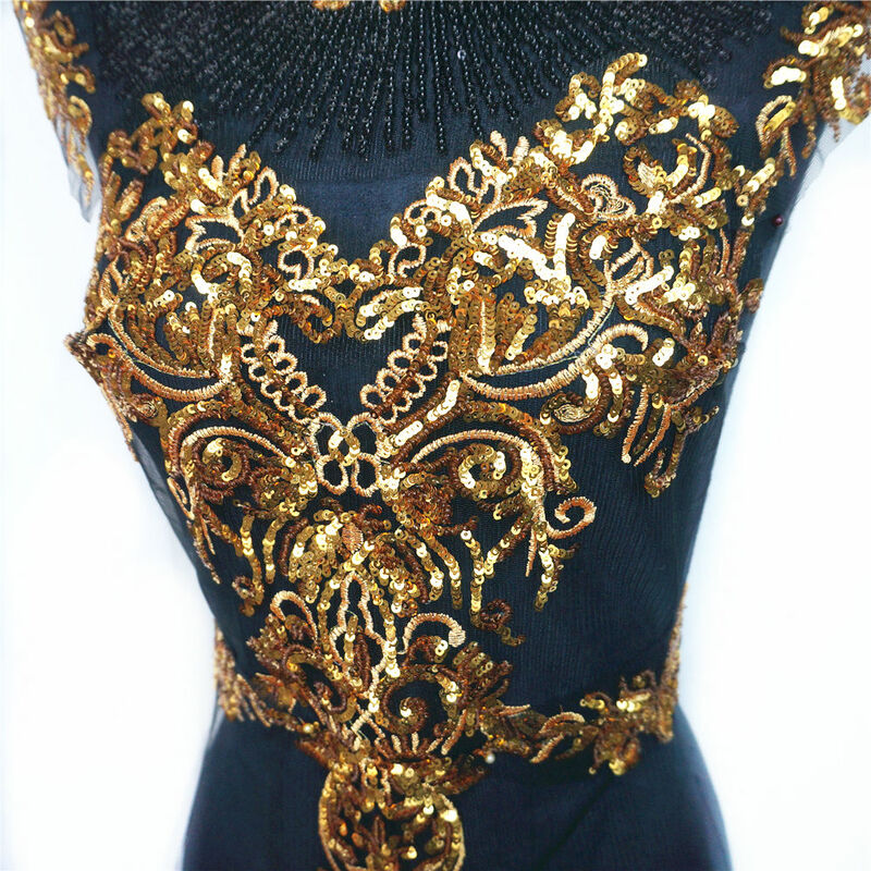 1 conjunto vestido de casamento nobre e real, tecido bordado com lantejoulas douradas e preto, aplique ao vestido de casamento