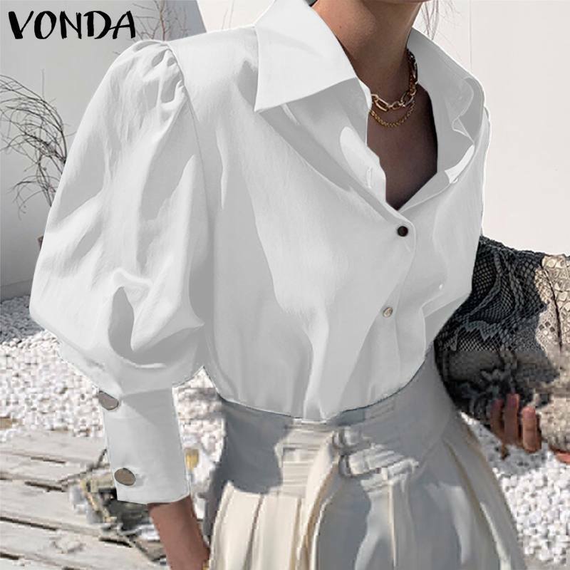 VONDA – chemise de bureau en Satin pour femmes, manches longues bouffantes, Blouses décontractées, boutons à revers, hauts de fête élégants, 2021