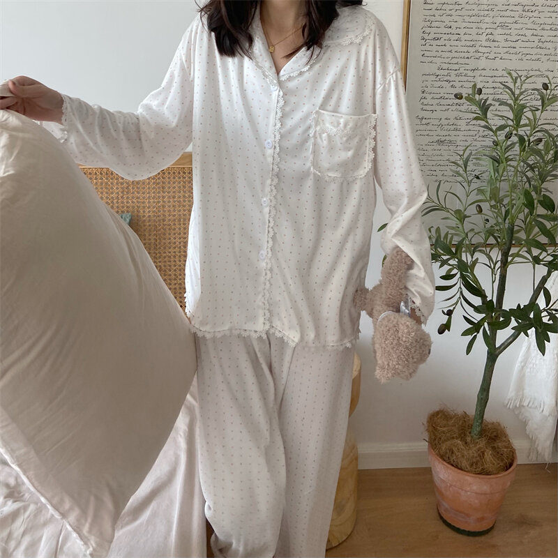 Neue 2021 Koreanische Süße Mode Casual Hause Kleidung Set Set Herbst Dot Druck Spitze Patchwork Pyjamas Für Frauen
