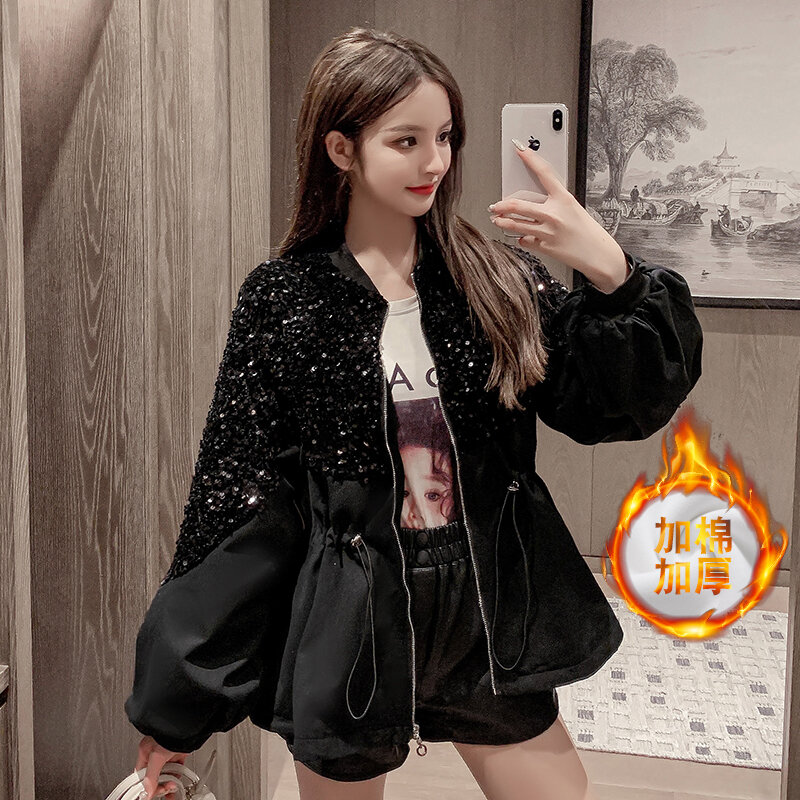 Fashionable new fashion brand autumn and winter new sequins thickened short windbreaker