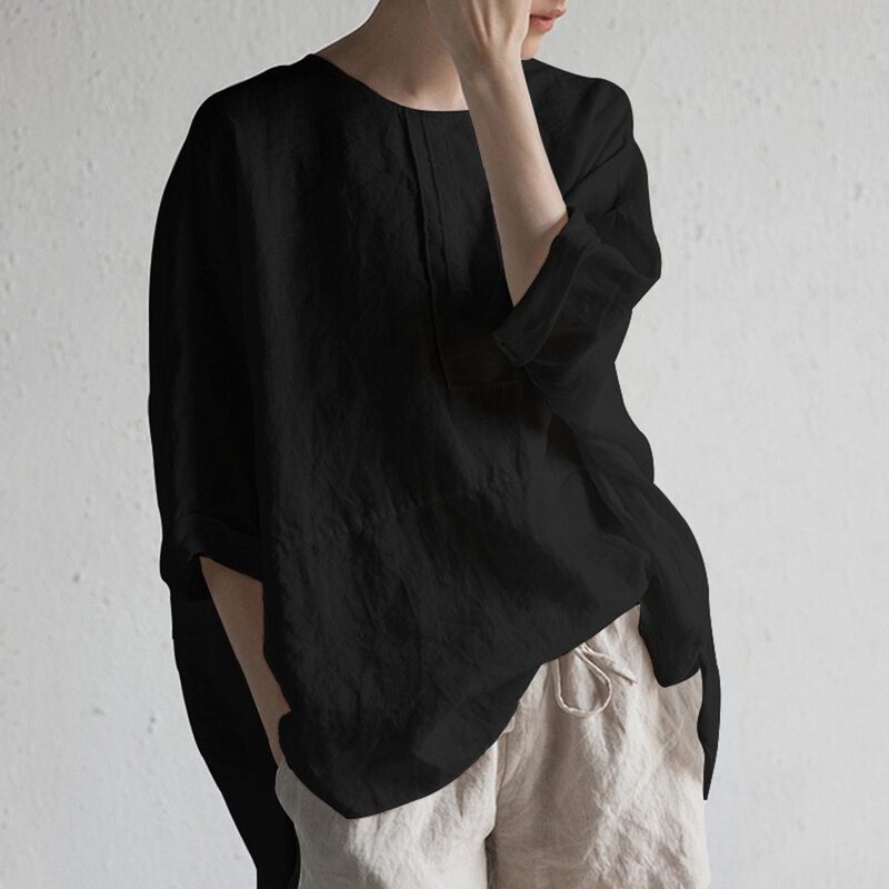 Женская Повседневная однотонная Свободная блузка с круглым вырезом и рукавом до локтя
