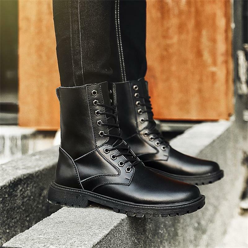 New Men Shoes Handmade Solid Color PU Classic Round Toe High-top Lace-up Street Fashion Casual Military Motorcycle Boots ZQ0555