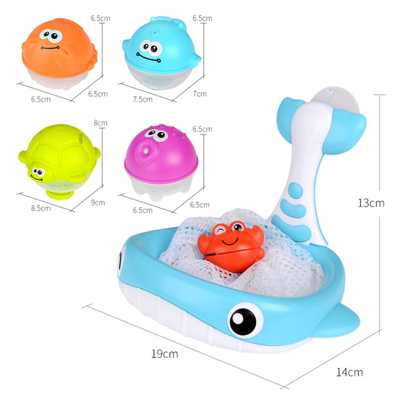 Brinquedos flutuantes coloridos do chuveiro do bebê do banho do banheiro do brinquedo do pulverizador de água da baleia sução copos de armazenamento da banheira da malha para o miúdo
