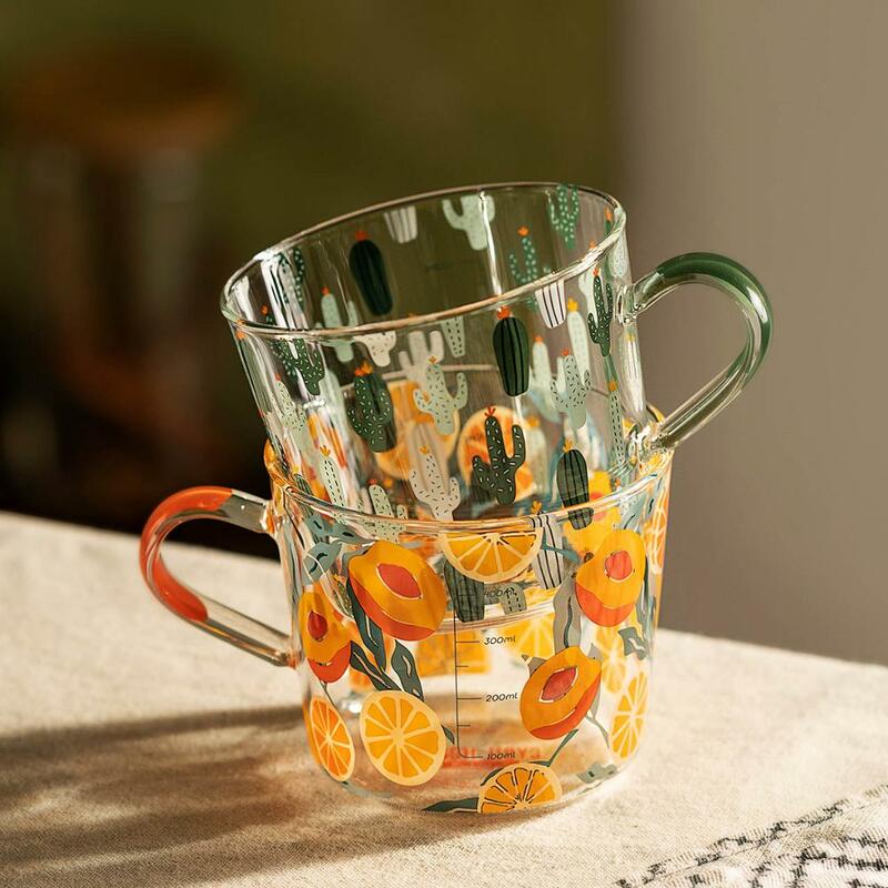 MDZF – tasse à café créative en verre, 500ml, avec échelle, Cactus, pêche jaune, thé, lait, tasse de fête
