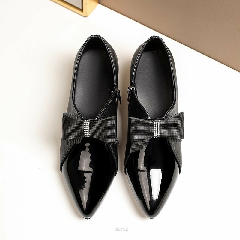 Seksowne czółenka damskie klamerka do butów-węzeł średnie obcasy wiosna jesień skóra lakierowana komfort damska szpiczasta praca w biurze buty na zamek