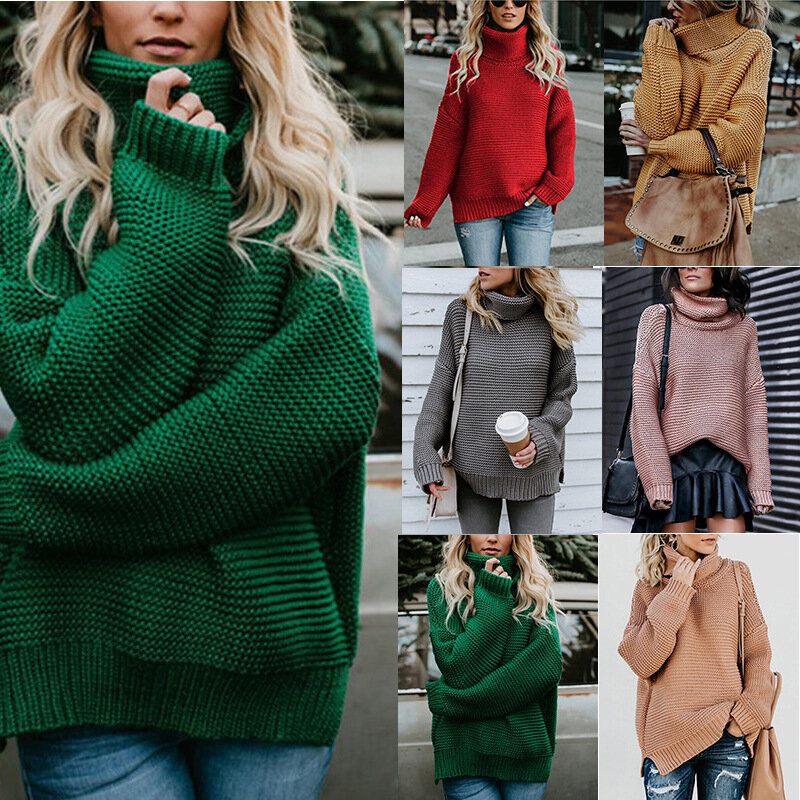 Jesienno-zimowy damski sweter z golfem Oversize ciepłe pulowery sweter z długim rękawem kaszmirowy luźny sweter