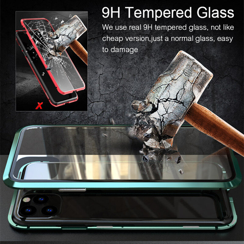 Metalen Magnetische Adsorptie Flip Case Voor Iphone 14 13 12 11 Pro Xs Max Xr 8 7 Plus Transparante Dubbele zijdig Glas Magneet Case
