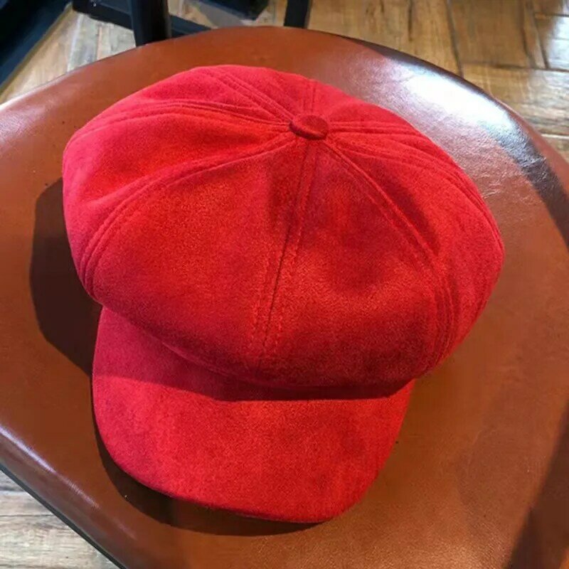 Autumn And Winter New Solid Color Ladies Octagonal Hat Wild Warm Suede Painter Newsboy Beret British Retro Street Fashion Hat