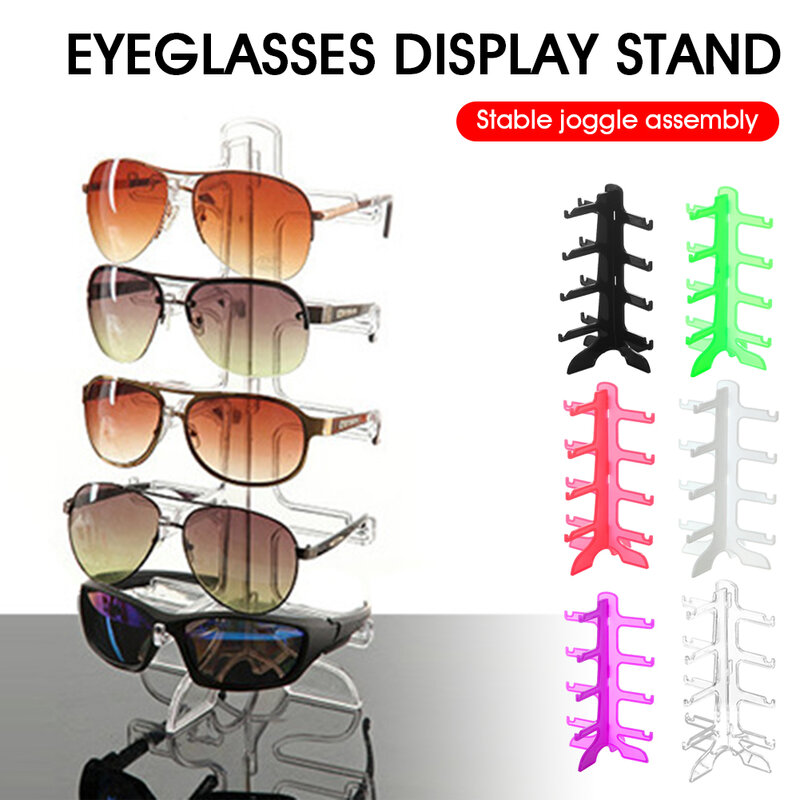 Kacamata Hitam Plastik Menunjukkan Rak Pemegang Kacamata Berdiri Perhiasan Organizer Rak Kacamata Memegang Empat Pasang Kacamata Hemat Ruang