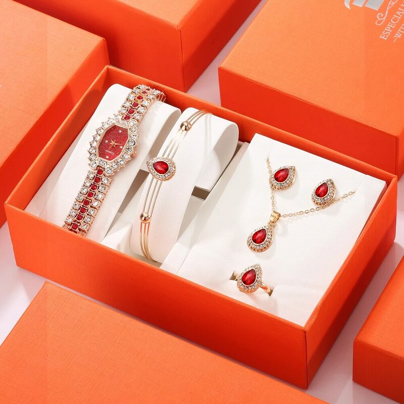 Women Luxury Gift 8PCS Set Diamond Quartz Watch Crystal Bracelet Drop Earrings Gemstone Ring Jewelry Bohemian Ladies Female