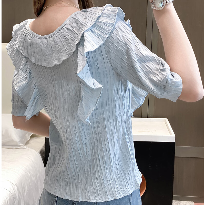 Pakaian Wanita Warna Solid Longgar 2021 Atasan Wanita Baru Kaus Sifon Garis Kerutan Korea Kemeja Blus V-neck Lengan Pendek 518A