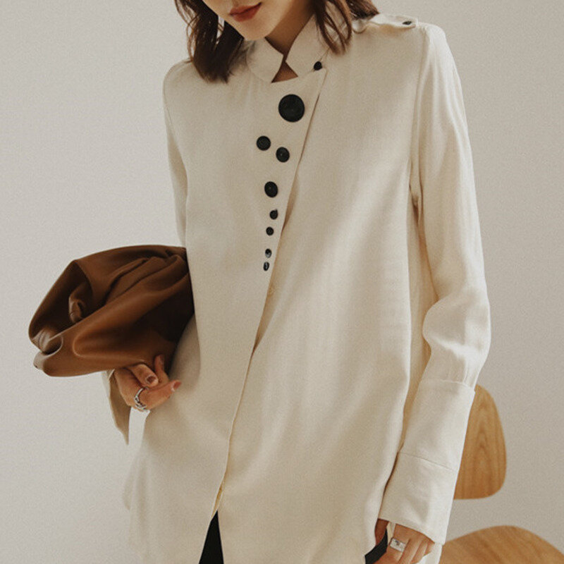 Xuxi coreano designer camisa, cetim camisa, gola alta manga longa camisa, camisa de moda feminina, outono 2020 fz0953
