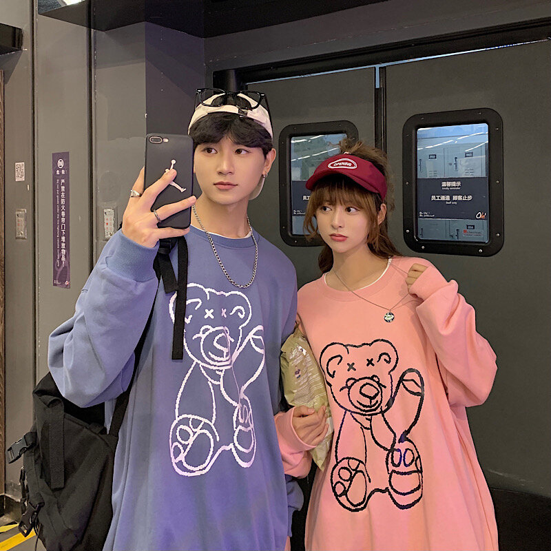 Coreano novo urso bonito feminino hoodies moletom solto streetwear topos retro kawaii o-pescoço casual harajuku novos amantes roupas y2k
