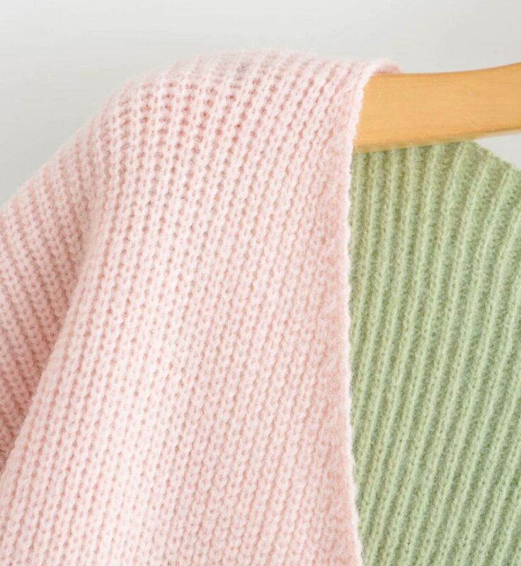 2021 jesień/sweter zimowy damskie kontrastujące scięgi krzyżowe sznurowania dekolt w serek z długimi rękawami luźny dzianinowy sweter moda sweter
