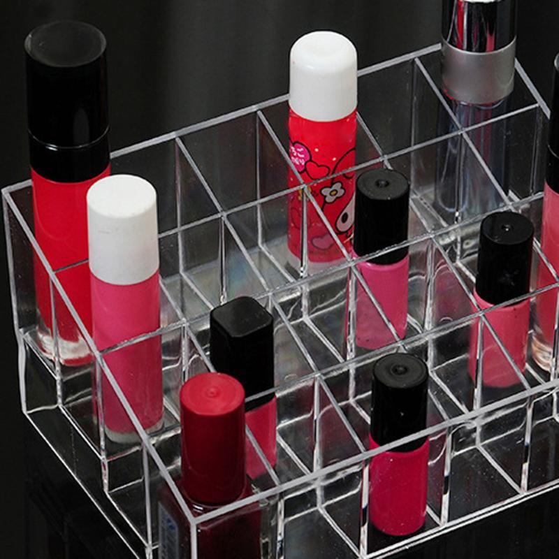 Caja de almacenamiento organizadora de maquillaje de 24 rejillas de acrílico transparente, soporte de exhibición para pintalabios, esmalte de uñas, organizador de joyas y cosméticos