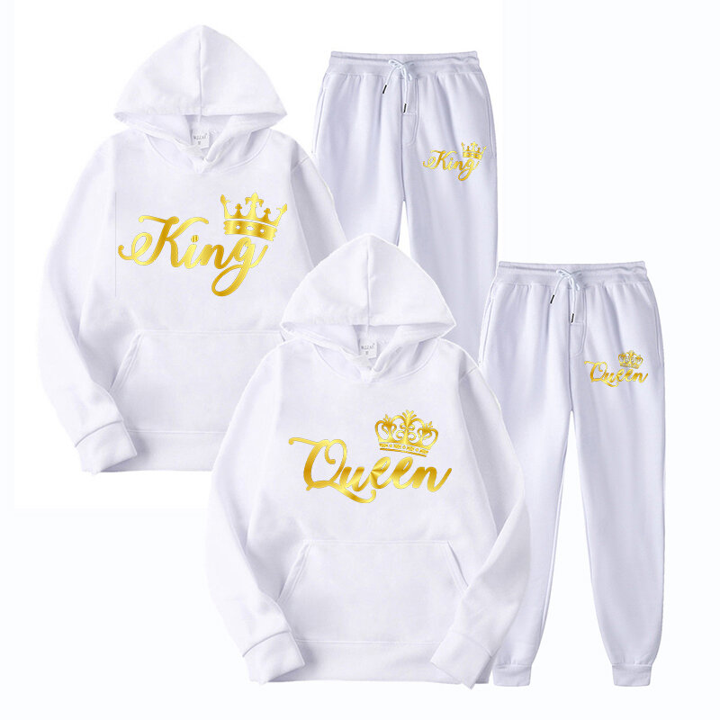 New Fashion Couple Sportwear Set KING Or QUEEN Printed Hooded Suits Couples Design Streetwear Hoodie and SweatPants-4color