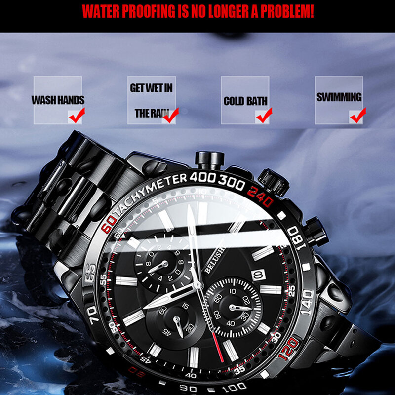 Belushi – grande montre noire à Quartz pour hommes, étanche, en acier inoxydable