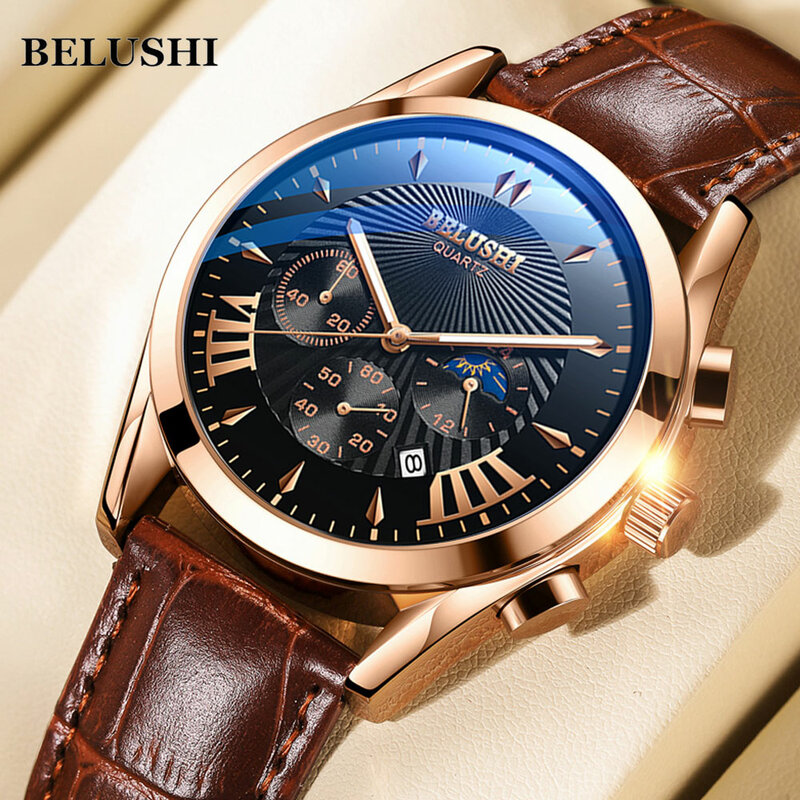 Belushi masculino relógios de quartzo relógios de luxo couro cronógrafo relógio para homem 30m à prova dwaterproof água fase da lua moda relógio masculino 2021