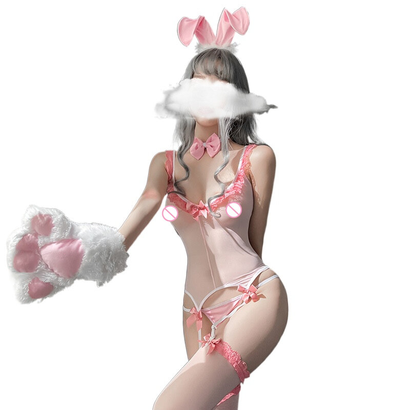 Vestido de malha sexy sexy lingerie conjunto de malha transparente bodysuit sexi feminino erótico bunny menina uniforme