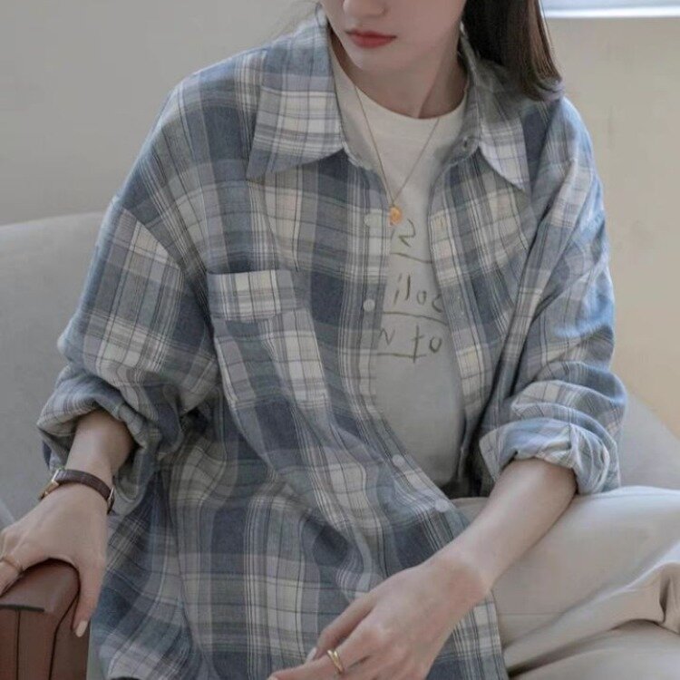 Camisa de algodón a cuadros para mujer, chaqueta informal holgada retro con diseño de Hong Kong, sense of tide, primavera y otoño, 2021