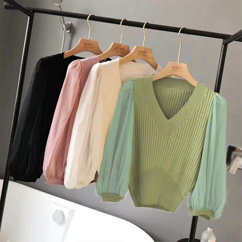 Vrouwen Lantaarn Mouw Blouses Herfst Winter V-hals Knit Shirts Kantoor Werk Blouse Solid Vintage Blouse Shirts Trui Tops