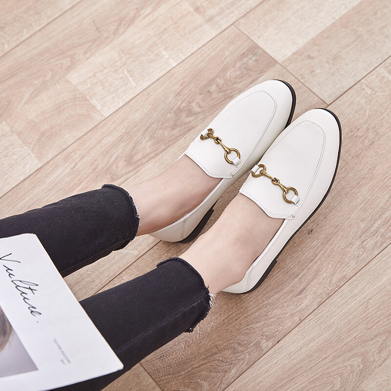 Dumoo-zapatillas para niña y mujer, zapatos informales transpirables de cuero genuino, mocasines planos, color blanco/negro