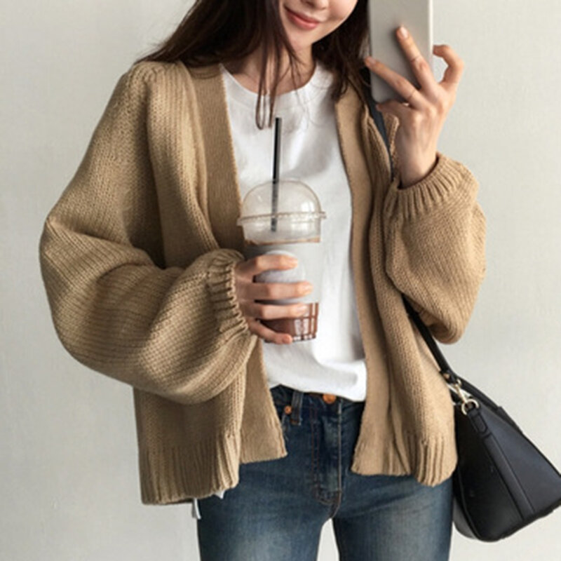 Moda cardigan outono feminino cor sólida malha frente aberta cardigan manga longa puff casaco quente 2020