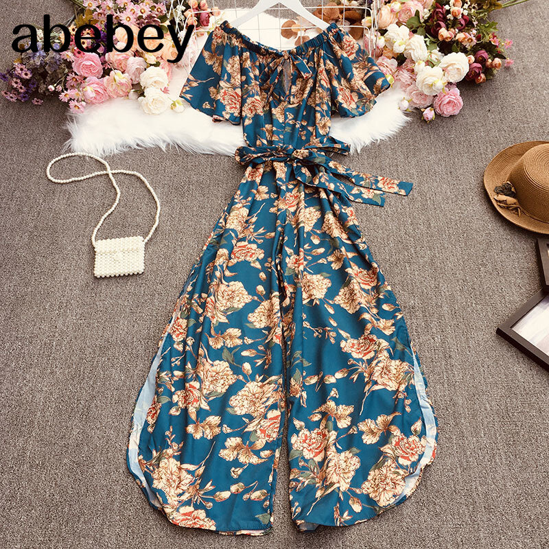 2022 New Summer Temperament All-match lace up Slash neck Jumpsuits waist slim sashes flare split Jumpsuits