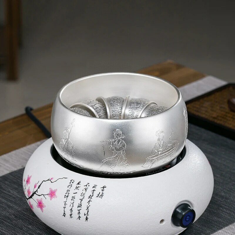 Juego de té de plata esterlina Ag999, cuenco de lavado de té tallado a mano, Kongfu