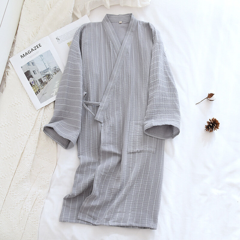 Wiosna/lato pary koszula nocna czysta krepa bawełniana japońskie Kimono szaty mężczyźni/kobiety Stripe cienkie wygodne SPA Homewear szlafrok