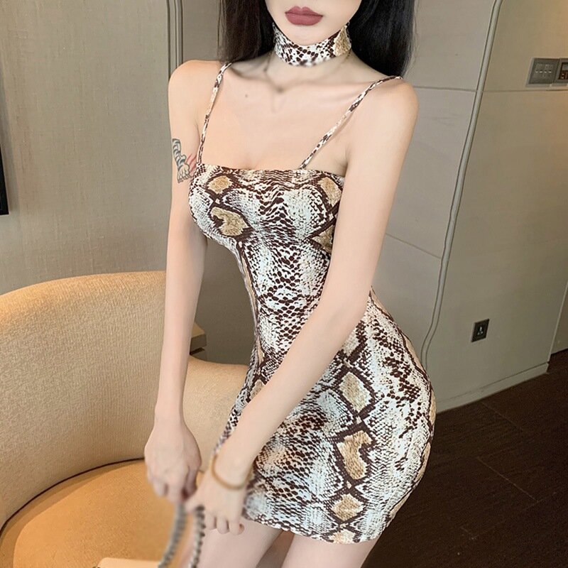 EFINNY 2021 Women Dress Bodycon Dress Sexy Snake Print Summer Wear Korean Fashion Slip Dress