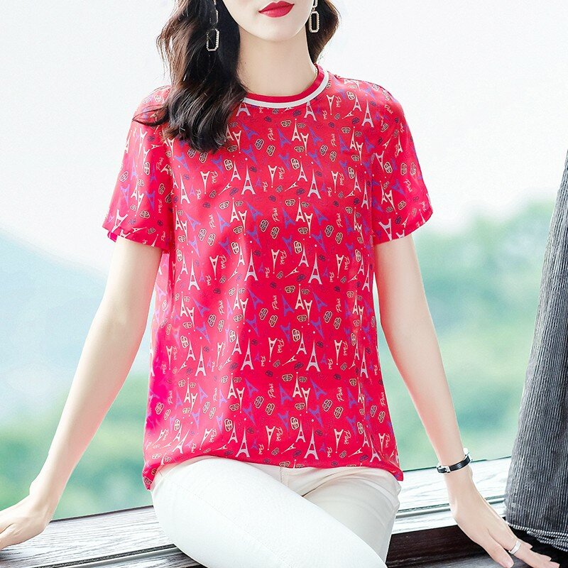 Yg marca feminina 2021 primavera e verão nova feminina topo solto vermelho impresso de seda manga curta camiseta