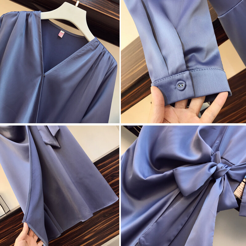 L-4XL Plus Size Women Blue Elegant Satin Dress Spring 2021 Korean Fashion Sexy V-neck Bow Bandage Ladies Warp Dresses Midi