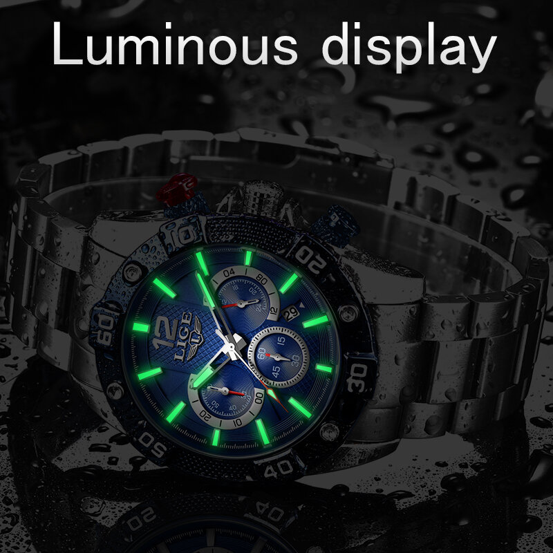 LIGE-새로운 스테인레스 스틸 시계, 남성 스포츠 방수 빛나는 크로노그래프 최고 브랜드 럭셔리 쿼츠 남성 시계