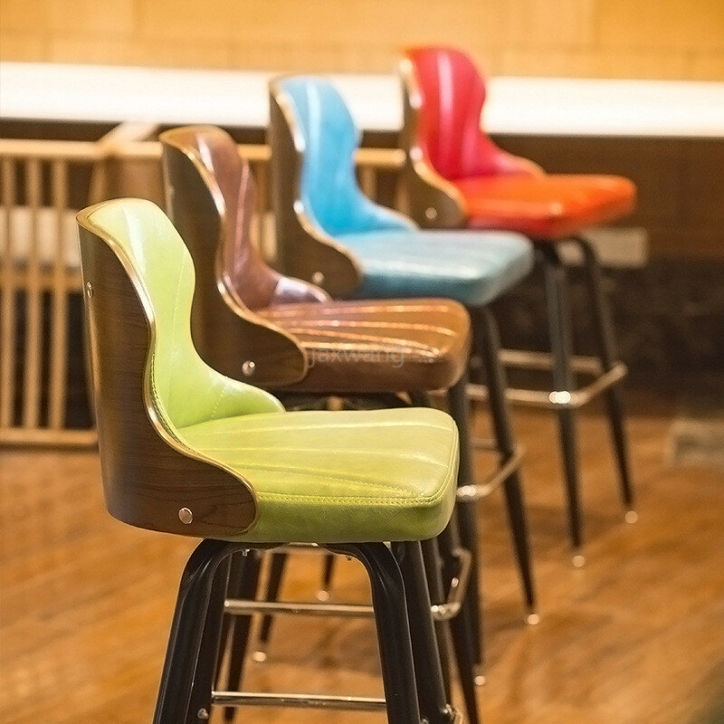 산업 스타일 레트로 바 의자 단단한 나무 등받이 철 바 의자 북유럽 높은 의자 회전 의자 Barstools 홈 가구