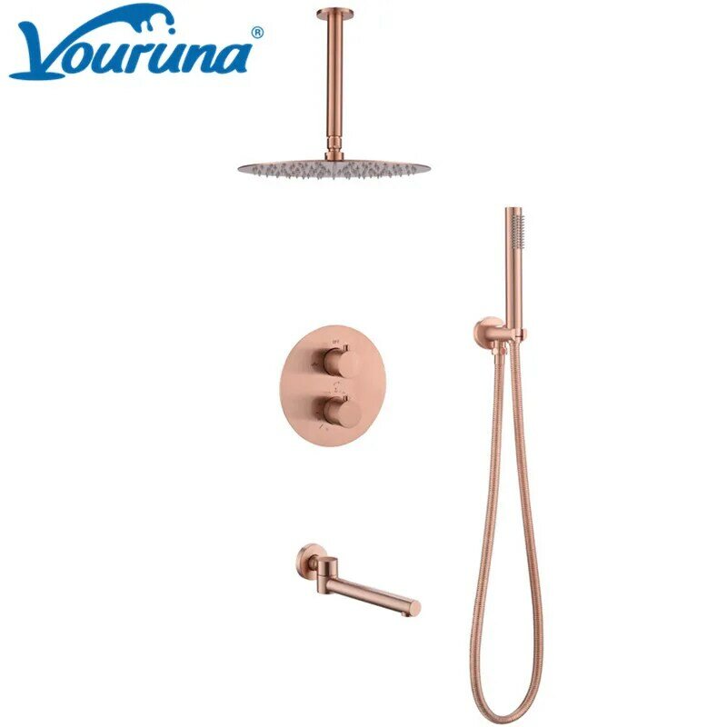 VOURUNA Thermostatic Shower System Ceiling Mounted Btahroom Shower Set Brushed Rose Golden Finish