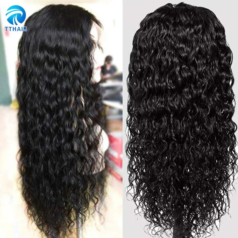 Peruca longa ondulada de cabelo humano, brasileira, cabelo remy, renda transparente, encaracolada, 13x4 t