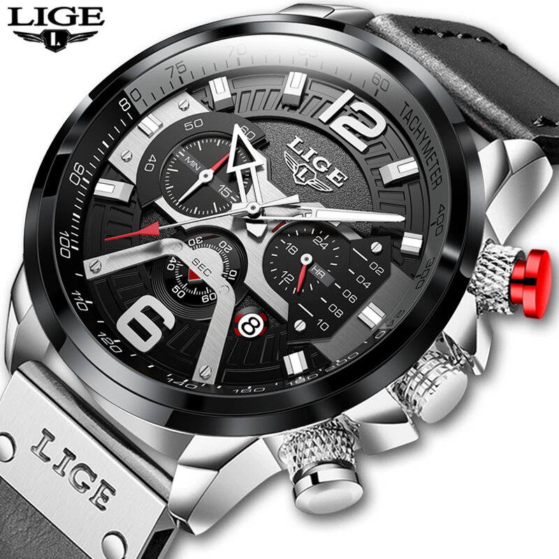 LIGE-남성용 최고 브랜드 럭셔리 스포츠 시계, 남자 패션 자동 캘린더 가죽 손목 시계, 흑인 남자 시계, 2021