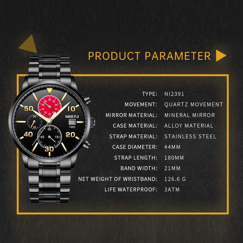 Часы наручные NIBOSI Мужские кварцевые, спортивные модные, с хронографом, в деловом стиле, с ремешком из нержавеющей стали