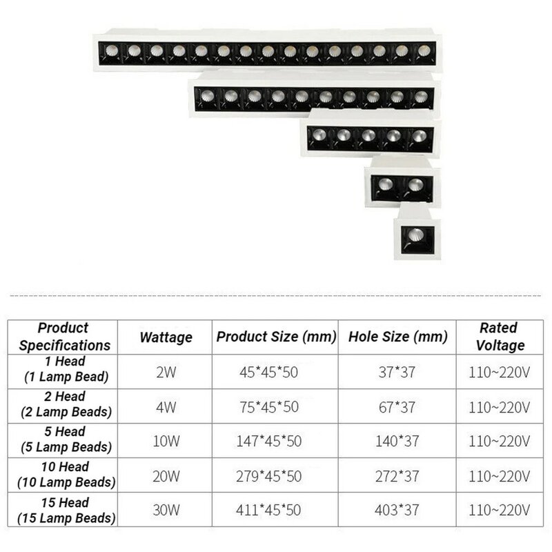 Prostokątna kratka sufitowa lampa punktowa AC85 ~ 265V 2W/4W/10W/20W/30W do wnętrz i oświetlenie komercyjne wpuszczane LED Line Downlight