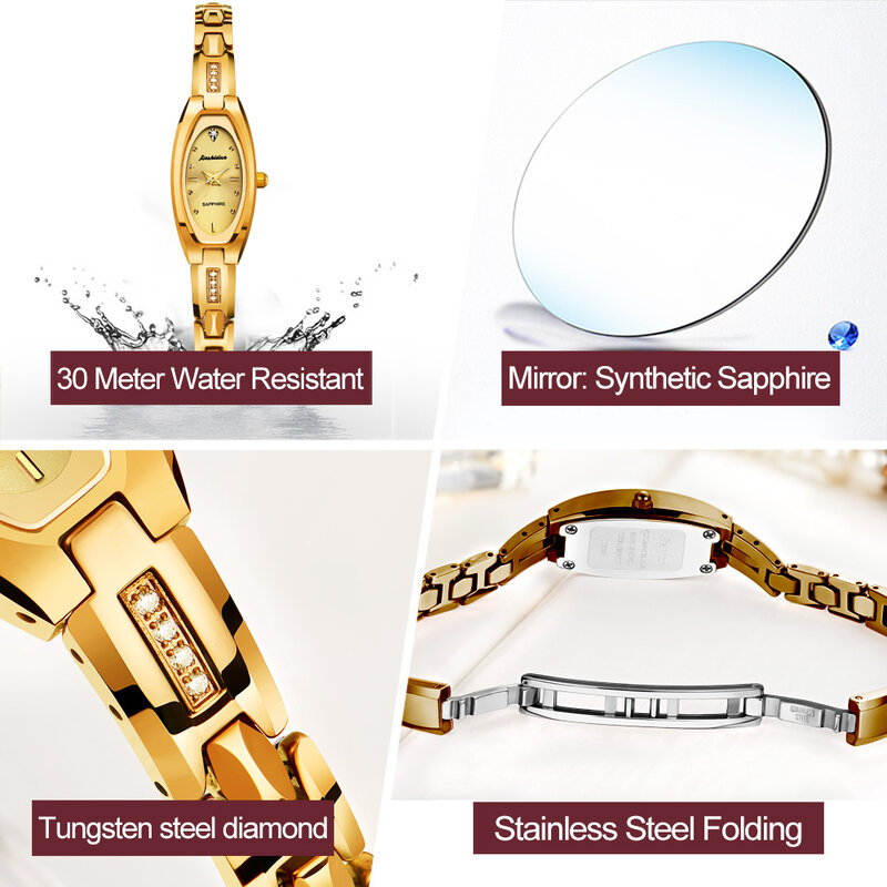 JSDUN Top Marke Quarz Armbanduhren Für Frauen Uhr Gold Luxus Wolfram Stahl Weibliche Uhren Damen Elegante Saphir Relogios